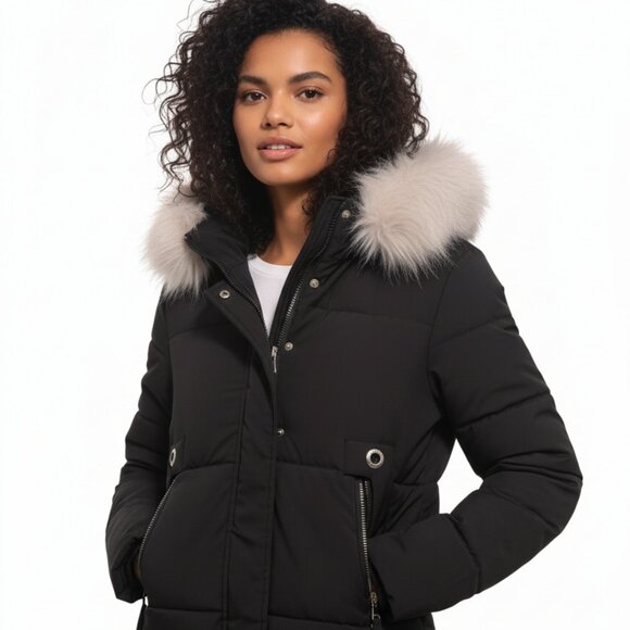 🧥 Women's Black Winter Puffer Coat with Faux Fur Hood - Size M - Picture 5 of 8